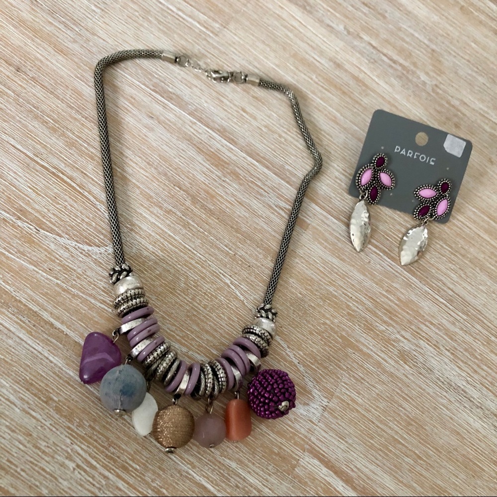 Parfois purple mix beaded necklace and earrings